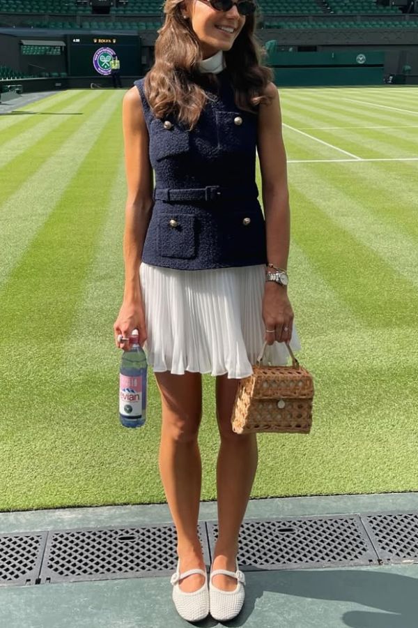 Sporty Elegance Tweed Metal Button Belted Pleated Hem Mini Dress