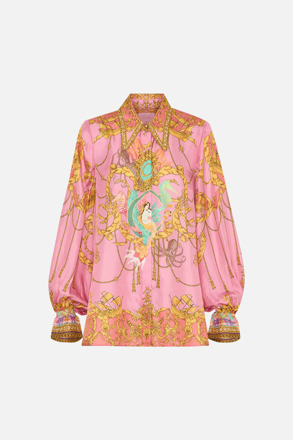 Mermaid Motel Set mit langärmligem, locker sitzendem Hemd und Hose mit elastischem Bund und einzigartigem Druck