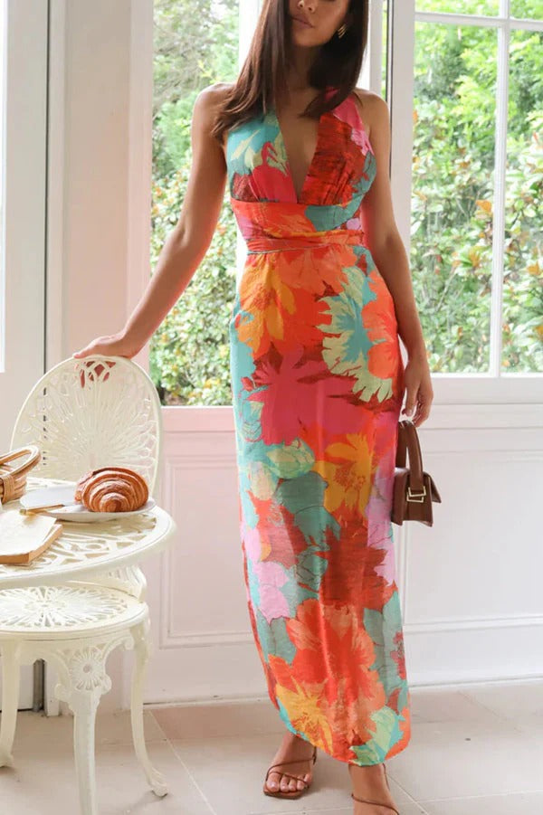 Einzigartiges bedrucktes Maxikleid mit V-Ausschnitt und hoher Taille