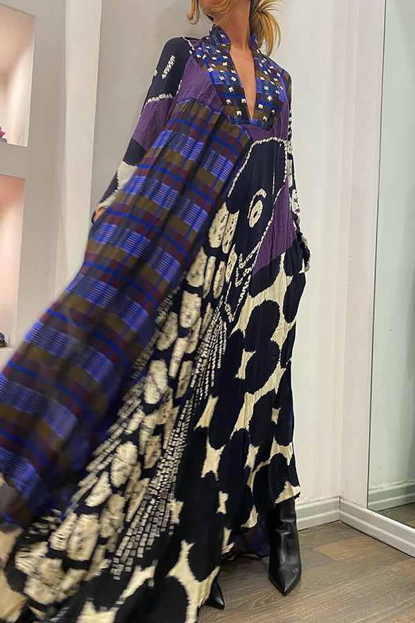 Kreatives Maxikleid mit Farbblock-Print und langen Ärmeln und Taschen
