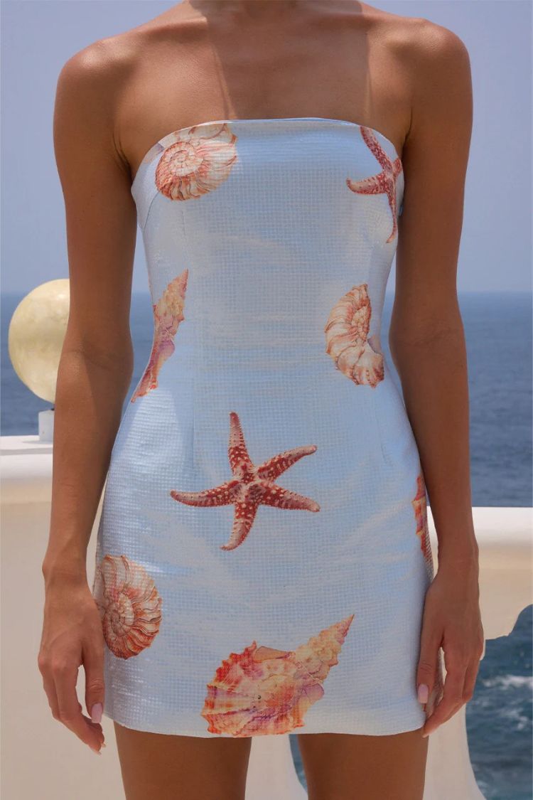 Beach Club – Trägerloses Stretch-Minikleid mit Pailletten und einzigartigem Print