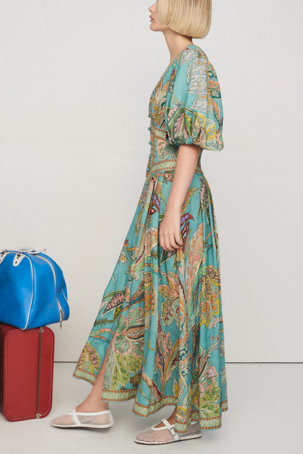 Retro-Midikleid mit V-Ausschnitt, Puffärmeln und Blumendruck