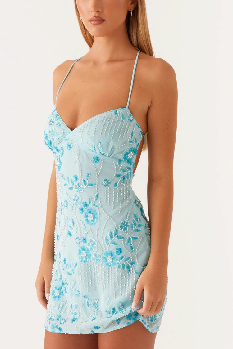 Tolles Camisole-Minikleid mit Pailletten und Perlenbesatz hinten und Schnürung