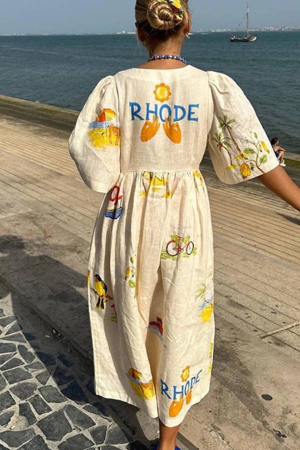 Gemütliches Sommer-Midikleid aus Leinenmischung mit einzigartigem Druck, Knöpfen und Puffärmeln