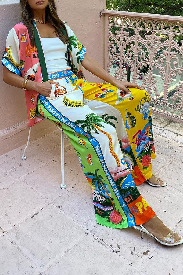 Kissed By The Sun – Satinhose mit einzigartigem Farbblock-Print und elastischer Taille und Taschen und weitem Bein