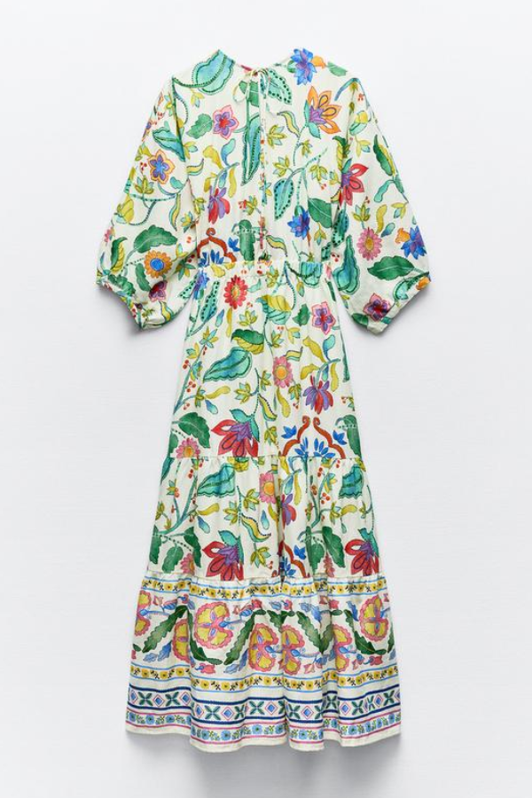 Maxikleid mit botanischem Blumendruck, V-Ausschnitt, Cut-out, Schnürung und elastischer Taille