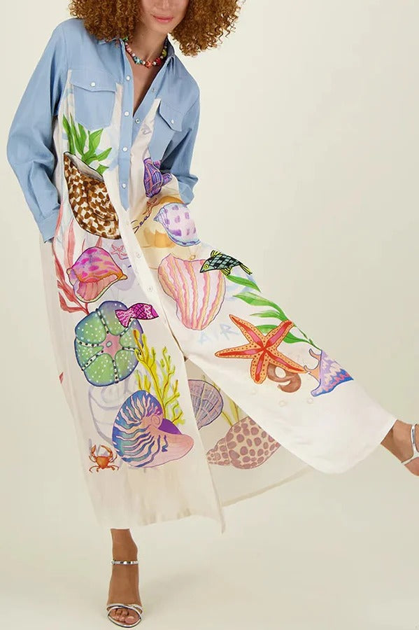 Take A Trip Marine Elements Einzigartiger Patchwork-Druck mit Taschen, langer Hemdmantel