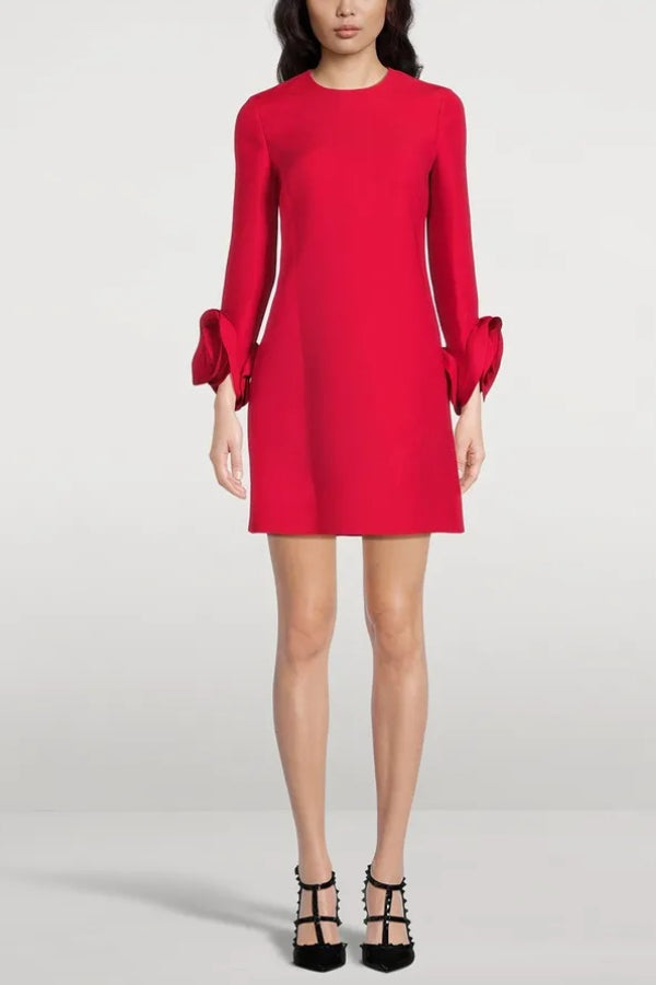 Robe courte ample coupe H à manches longues et poches, détails floraux 3D, style parisien