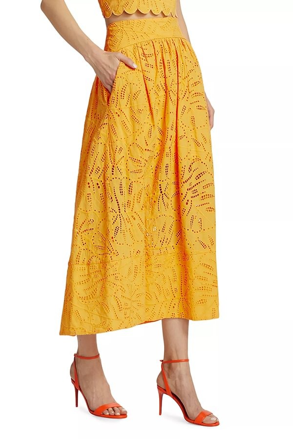 Laylin – Hoch sitzender Midirock mit Cut-outs und Stickereien aus Spitze und Taschen