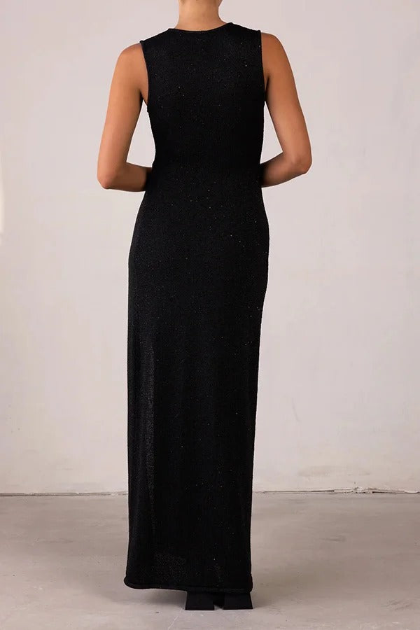 Schöne Figur Glänzender Strickstoff Ausschnitt Seitenschlitz Stretch Urlaub Maxikleid