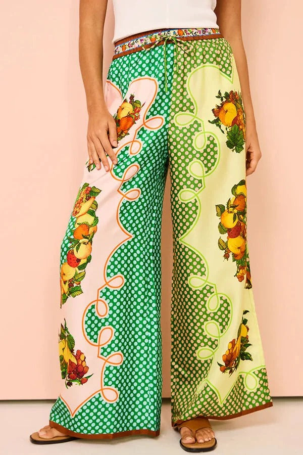 Enjoy Summer Lemon Satin Hose mit einzigartigem Druck, elastischer Bund und Taschen, weites Bein
