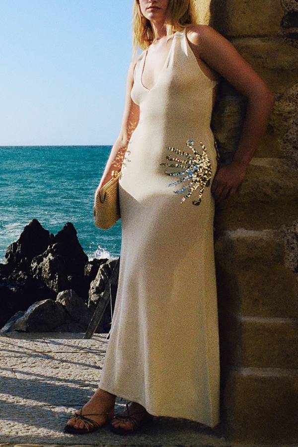 Sparkling Nights Knit Sunburst Sequin Detail Back Cross Straps Stretch Maxi Dress