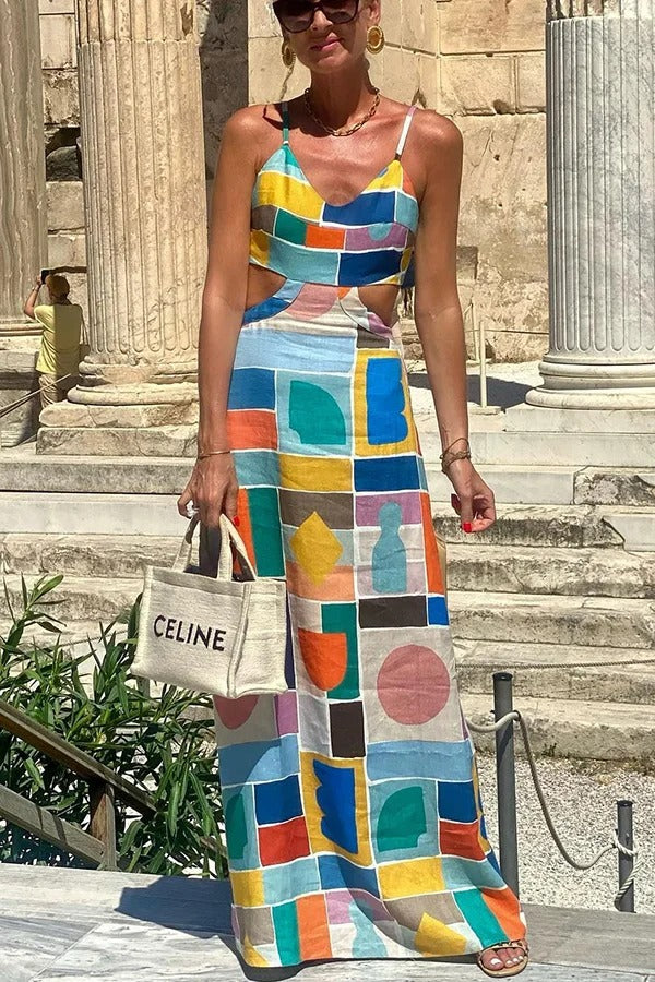 Alma – Maxikleid aus Leinenmischung mit einzigartigem, farbenfrohem Print, Cut-out auf der Rückseite und Bindeband