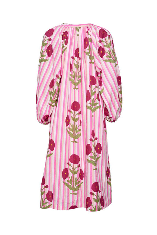 Kaftan-Midikleid aus Leinenmischung mit Blumen- und Streifenmuster, Knopfleiste, Gürtel und Taschen