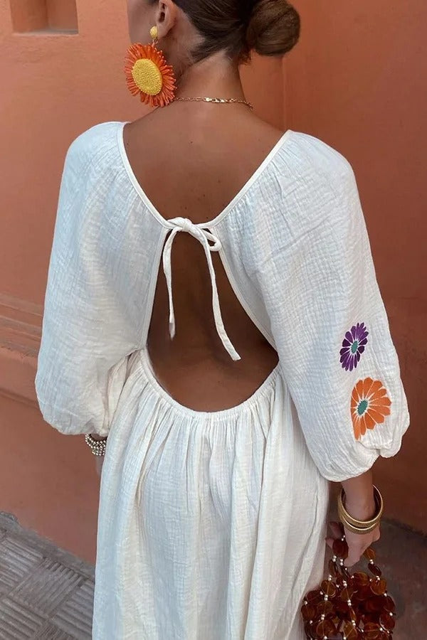 Rückenfreies Maxikleid mit Blumendruck, V-Ausschnitt und Laternenärmeln