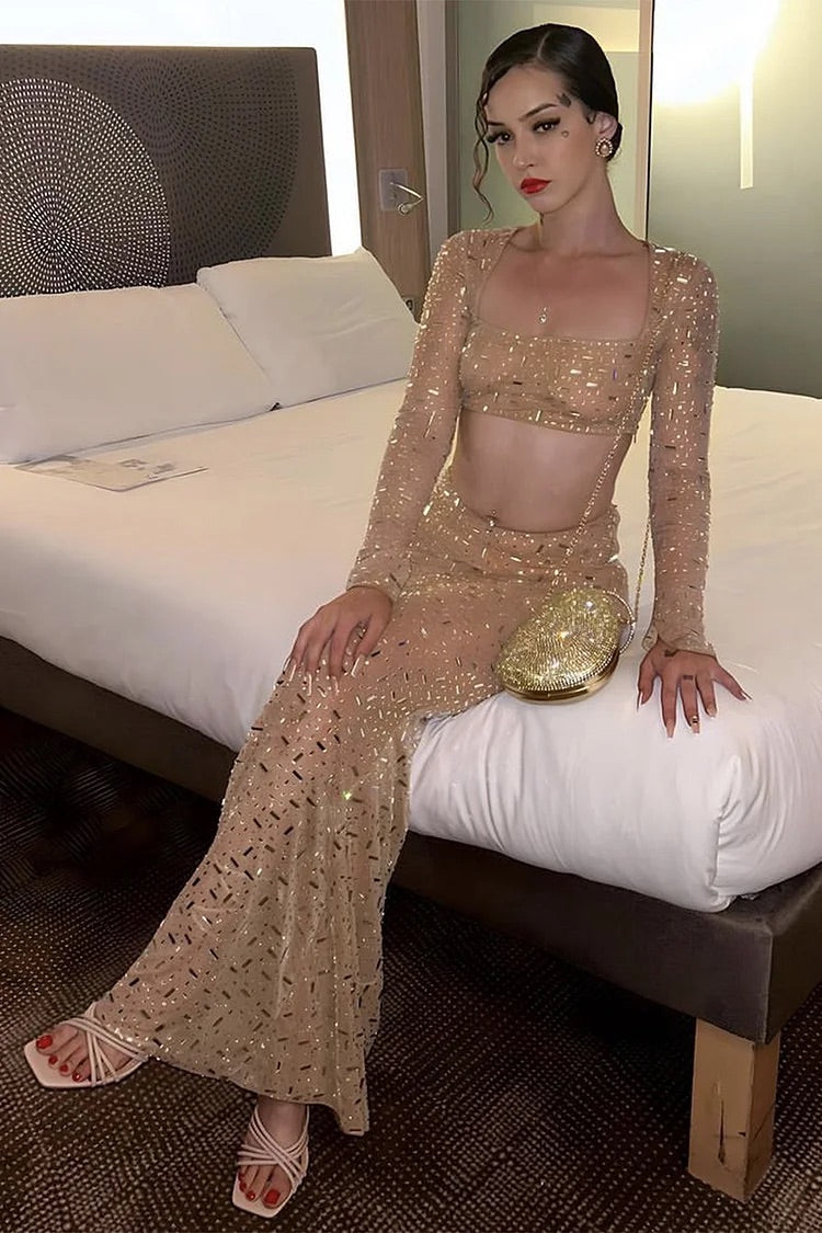 Strass Quadratischer Ausschnitt Langarm Crop Top Fischschwanz Saum Maxirock Passendes Set-