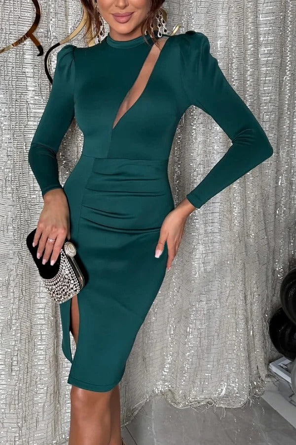 Robe courte extensible à manches longues et fente froncée « Kiss At Midnight »