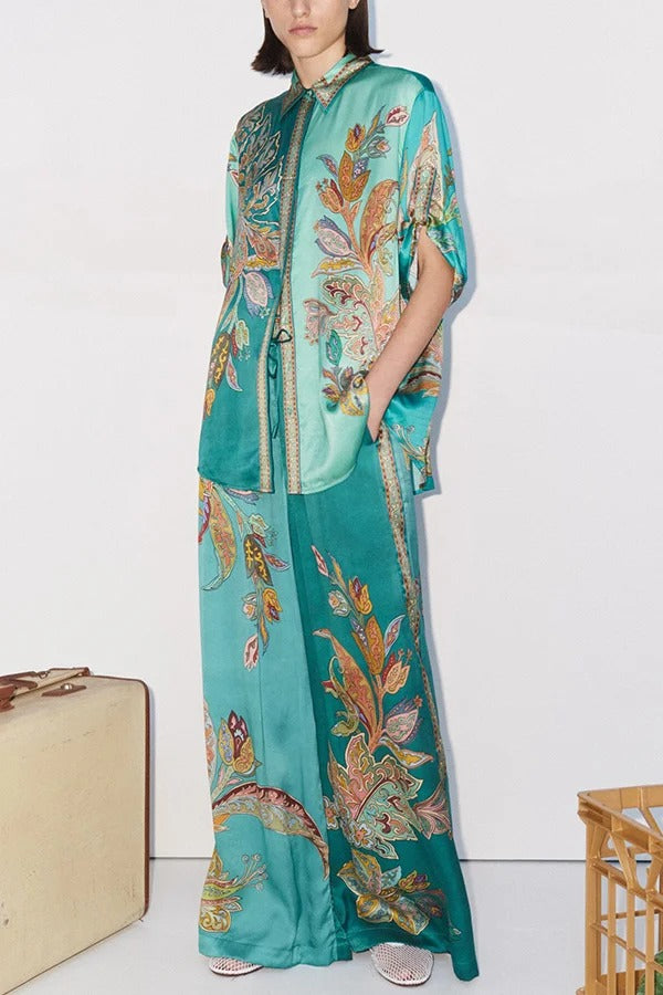 Somewhere Sunny Satinhose mit botanischem Print, elastischer Bund und Tasche, weites Bein