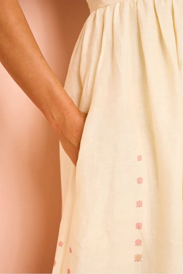 Paradise Flowers – Lockeres Maxikleid aus Leinenmischung mit einzigartigem Druck und Taschenträgern