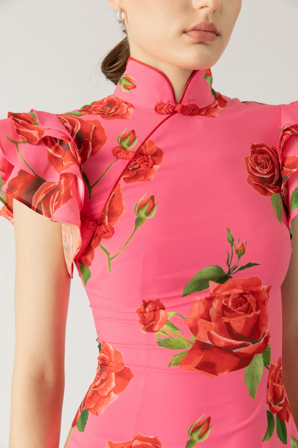 Robe longue extensible à manches évasées et à imprimé floral rose style cheongsam