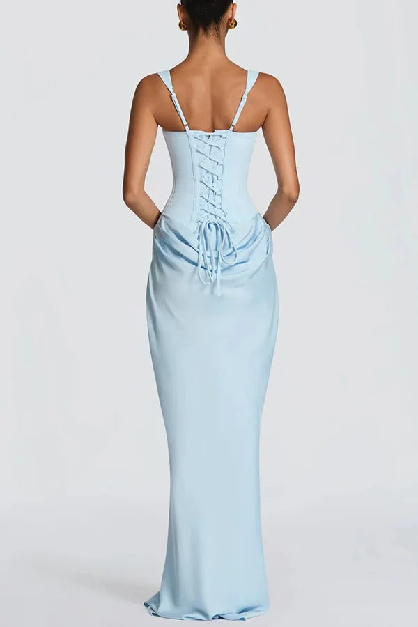 Larrah Square Neck Back Lace-up Satin Drape Hem Maxi Dress