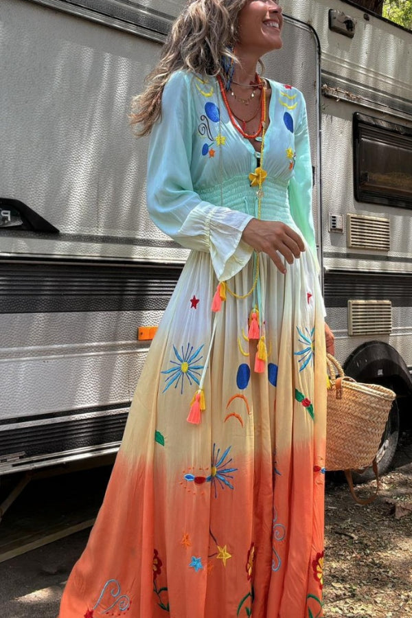 Robe longue à franges et taille élastique à imprimé dégradé Gigi