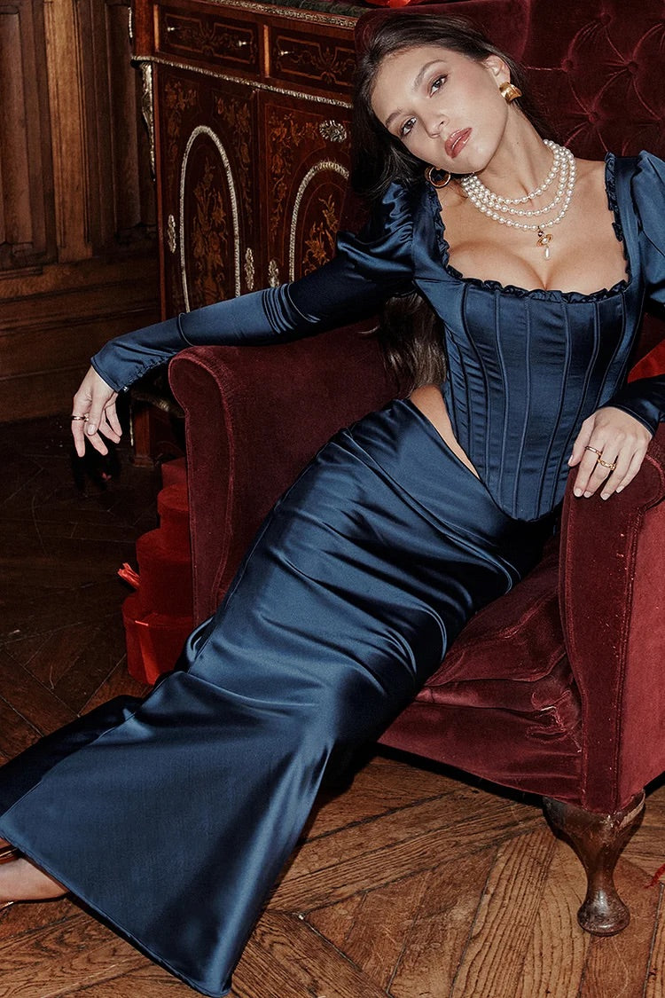 Satin Puffy Langarm Unregelmäßiges Korsett Maxirock Passendes Set-Blau