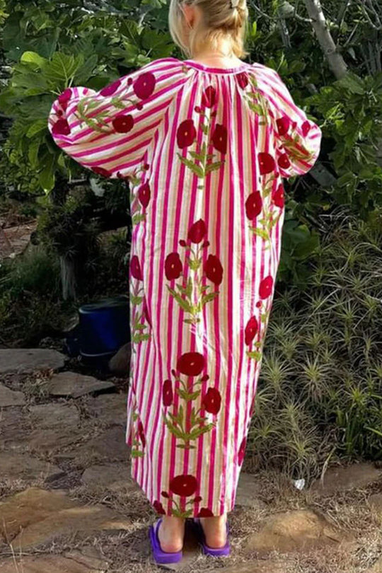 Kaftan-Midikleid aus Leinenmischung mit Blumen- und Streifenmuster, Knopfleiste, Gürtel und Taschen