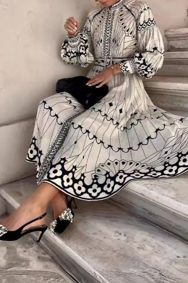 Lockeres, lässiges Midikleid aus Baumwolle und Leinen mit Retro-Laternenärmeln