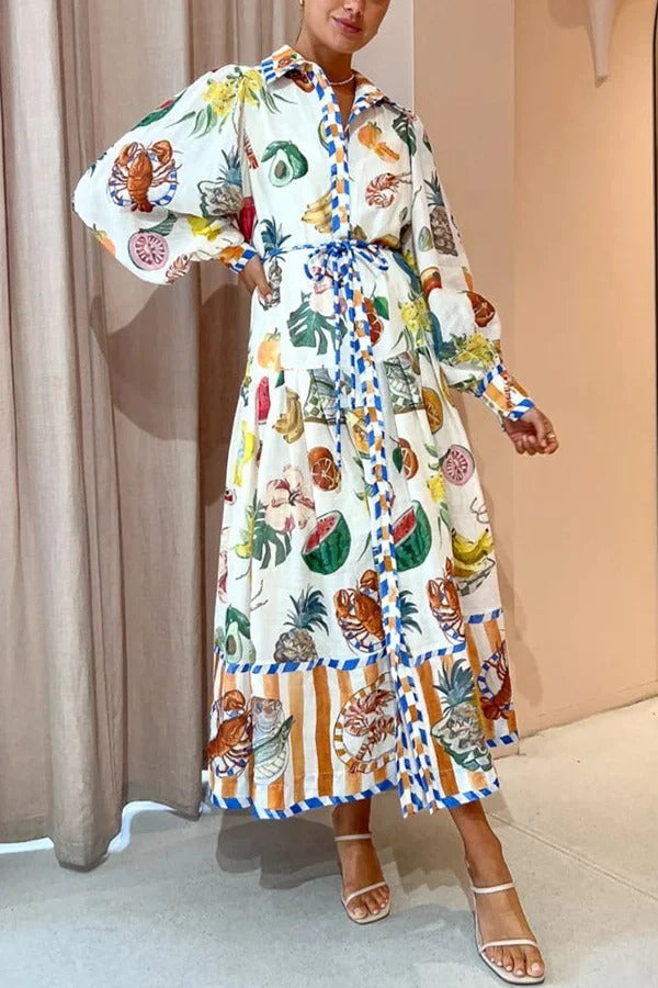 Einreihiges Kleid mit Graffiti-Print und Bindegürtel