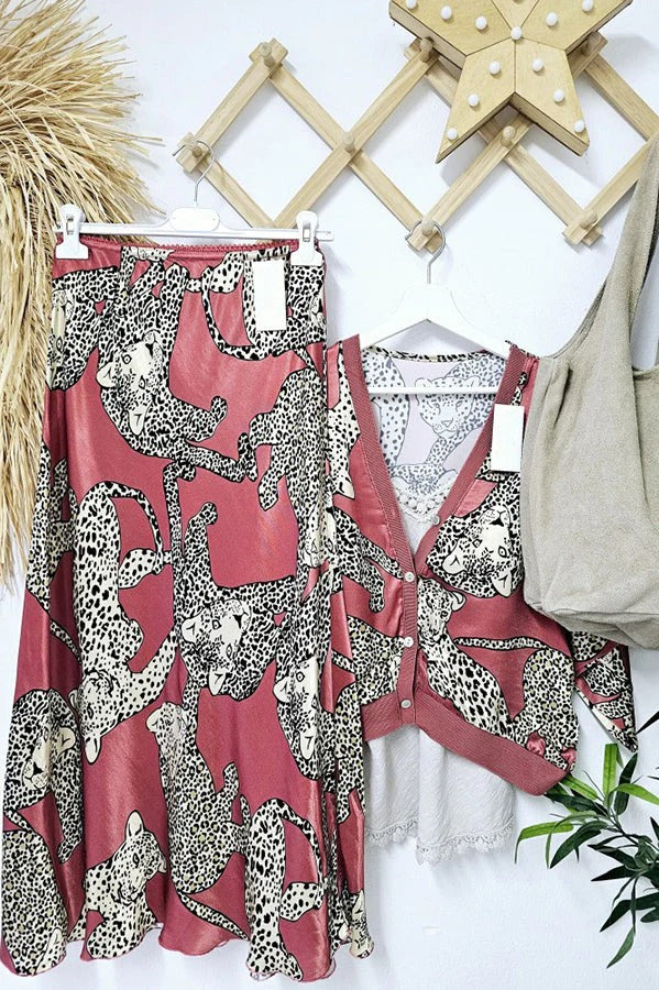 Abbie – Satin-Maxirock mit Tiger-Print und hohem Bund und elastischer Taille