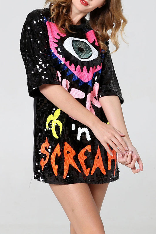 Lockeres T-Shirt mit Pailletten und Love Eyes Letters, Rundhalsausschnitt, kurzen Ärmeln und mittlerer Länge