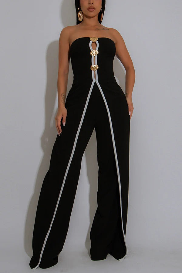 Fashionable Contrast Color Off-shoulder Metal Decoration Casual Elegant Jumpsuit
