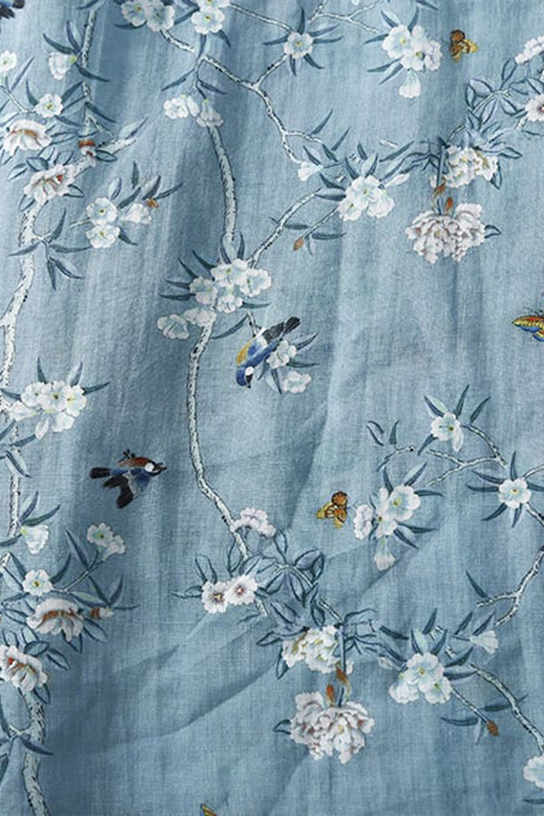 Robe fleurie en coton et lin à manches courtes et ceinture
