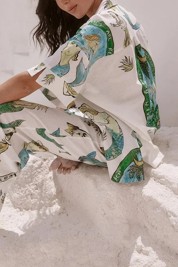 Set aus Hemdoberteil mit Meerjungfrauen-Print aus Leinenmischung und lockerer Hose mit elastischem Bund