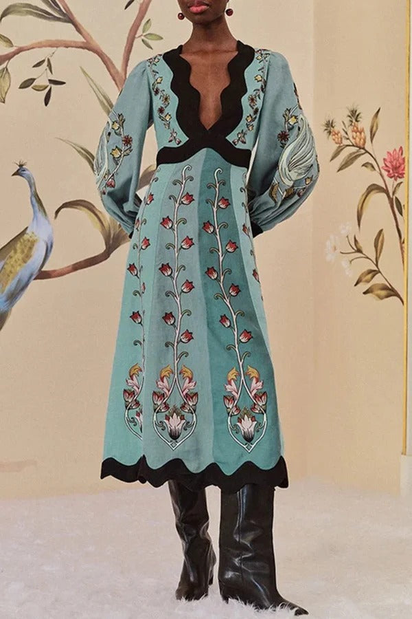 Flowing Beauty – Midikleid aus Leinenmischung mit Blumenmuster, Ballonärmeln und offenem Rücken