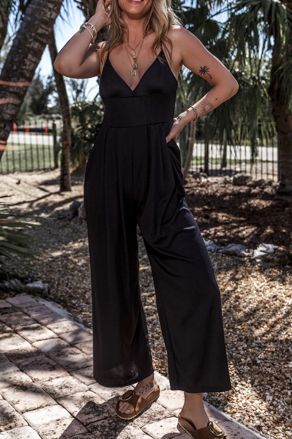 Schwarzer sexy Camisole-Jumpsuit mit V-Ausschnitt, hoher Taille und weitem Bein
