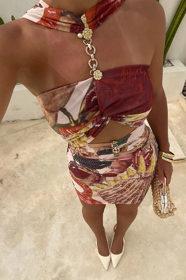 Geneva Mesh-Rosetten-Metall-Ausschnitt-Rüschen-Stretch-Minikleid