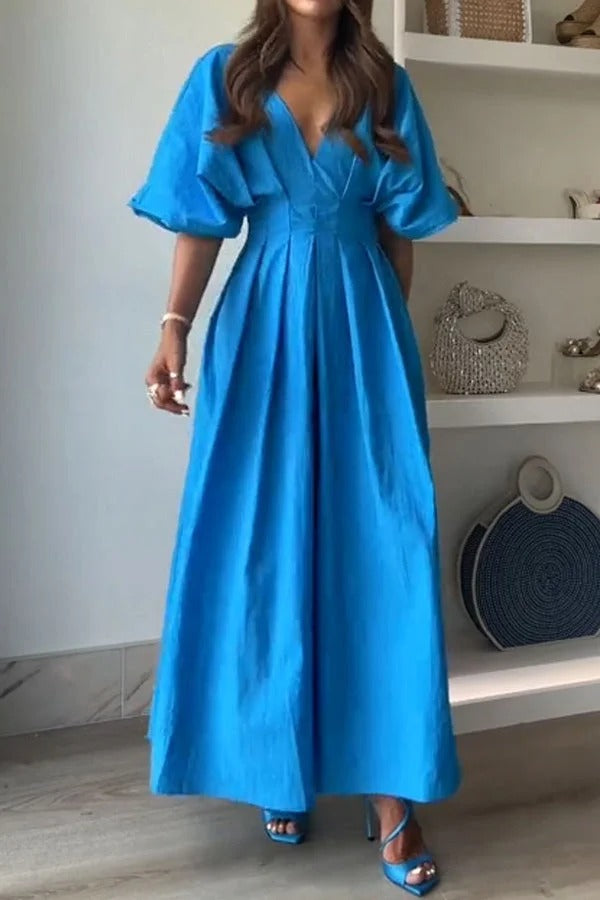 Antibes – Plissiertes Midikleid aus Leinenmischung im Princess-Stil mit weiten Puffärmeln