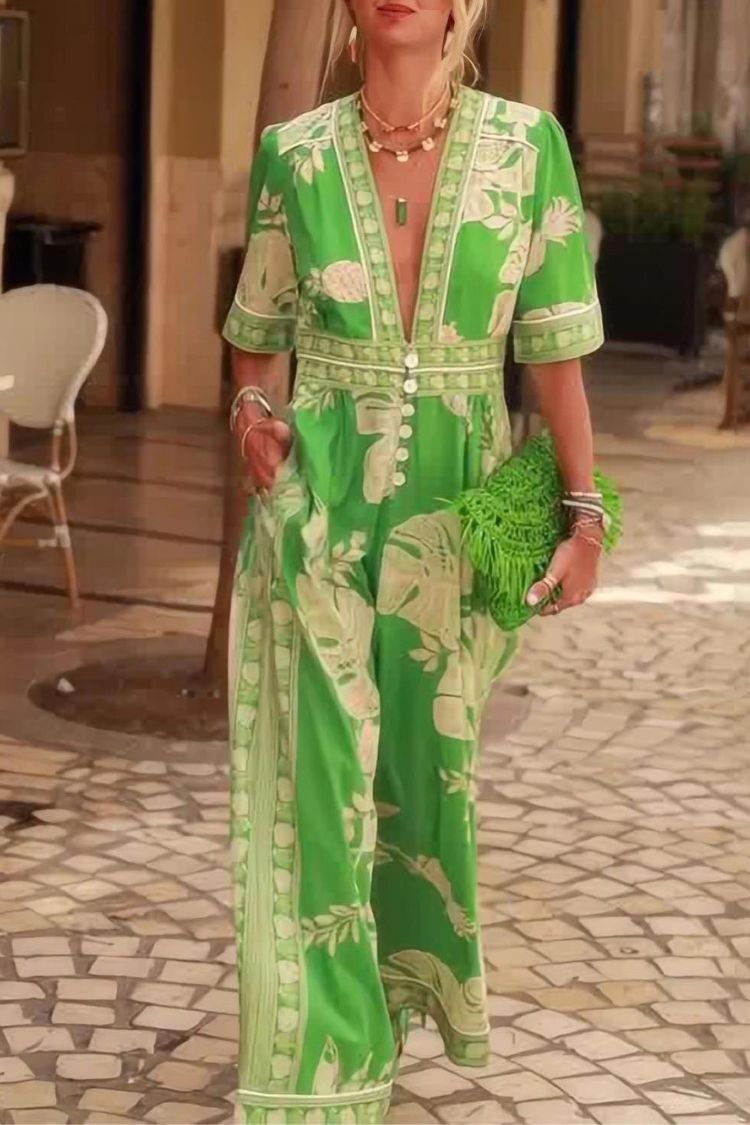 Frischer, weihnachtlicher Jumpsuit mit Blumenmuster und V-Ausschnitt und kurzen Ärmeln