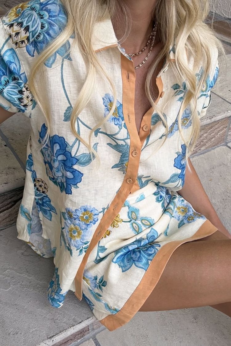 Giselle – Set aus kurzärmligem Hemd aus Leinenmischung mit Blumenmuster und Minirock mit Reißverschluss