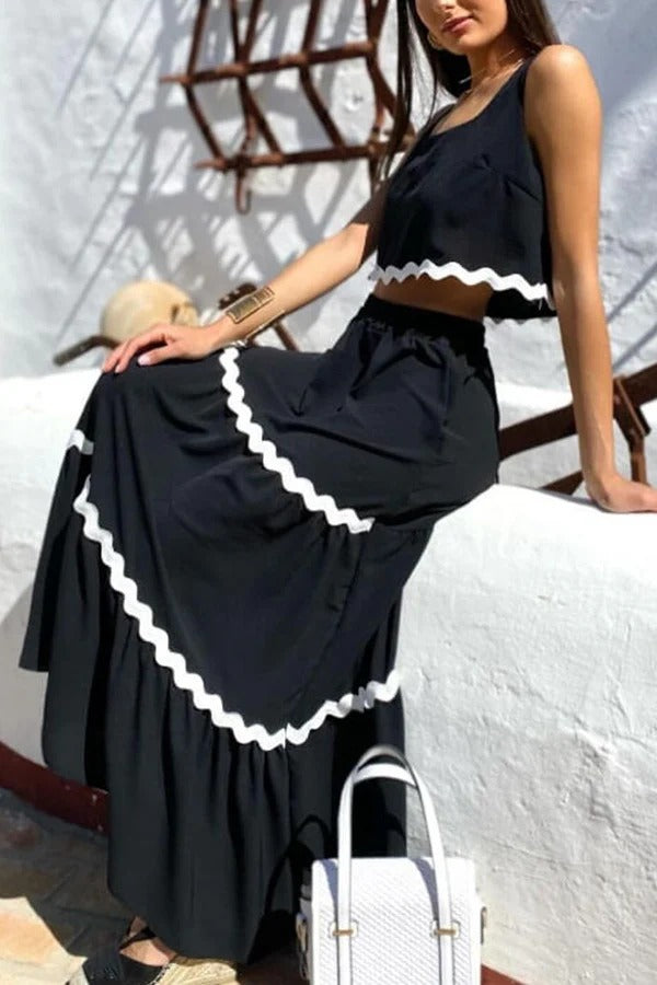 Ärmelloses, kurzes Tanktop mit Napa-Zickzack-Besatz und Maxirock mit Tasche und elastischer Taille mit Kordelzug