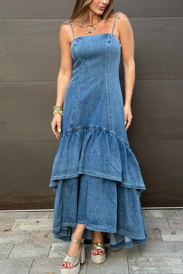 Graceful Smile Denim Back Zipper Slip Layered Ruffle Hem Maxi Dress