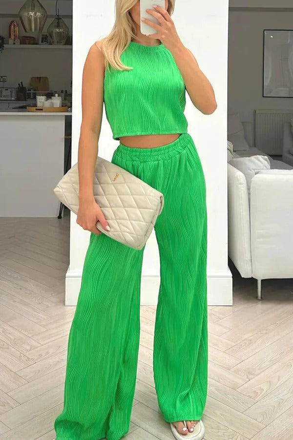 Einfarbiges Tanktop mit Rundhalsausschnitt und Wasserwellen-Print und gerade geschnittene Hose mit elastischem Bund