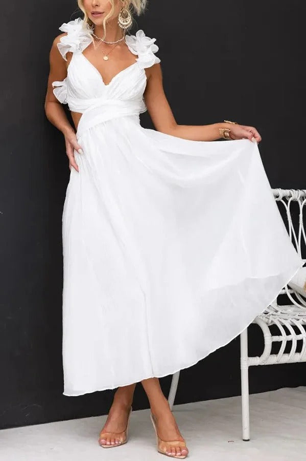 Robe longue de luxe à volants floraux et lacets dans le dos avec taille élastique