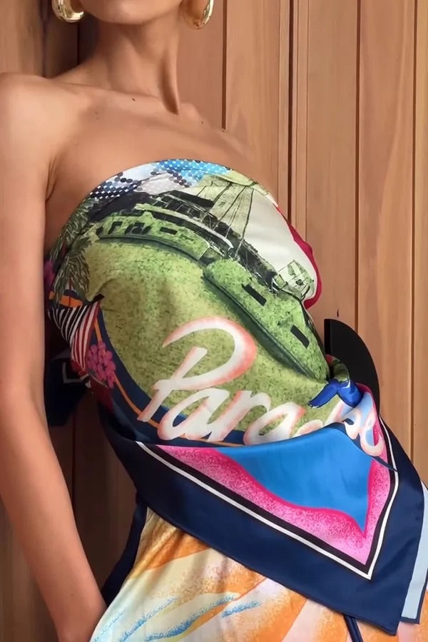 Ensemble haut foulard noué en satin imprimé unique et jupe longue ample à taille élastique