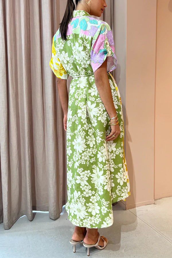 Travel Effortlessly – Midi-Hemdkleid aus Leinenmischung mit Blumen-Patchwork