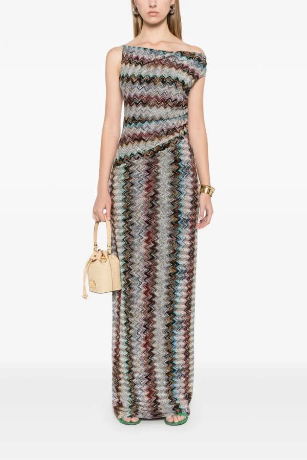 Cocktails and Vacation Knit Colorful Zigzag Pattern One Shoulder Slit Maxi Dress