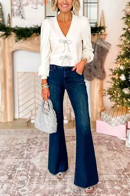 Süßer Pullover mit V-Ausschnitt, Schleife und Knoten vorne