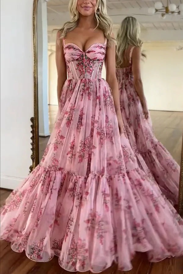 Danah Tulle Floral Print Corset Sweetheart Neck A-line Gown Maxi Dress
